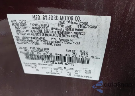 2010 Ford Taurus Sel z USA, uszkodzony, nr VIN 1FAHP2EWXAG162983